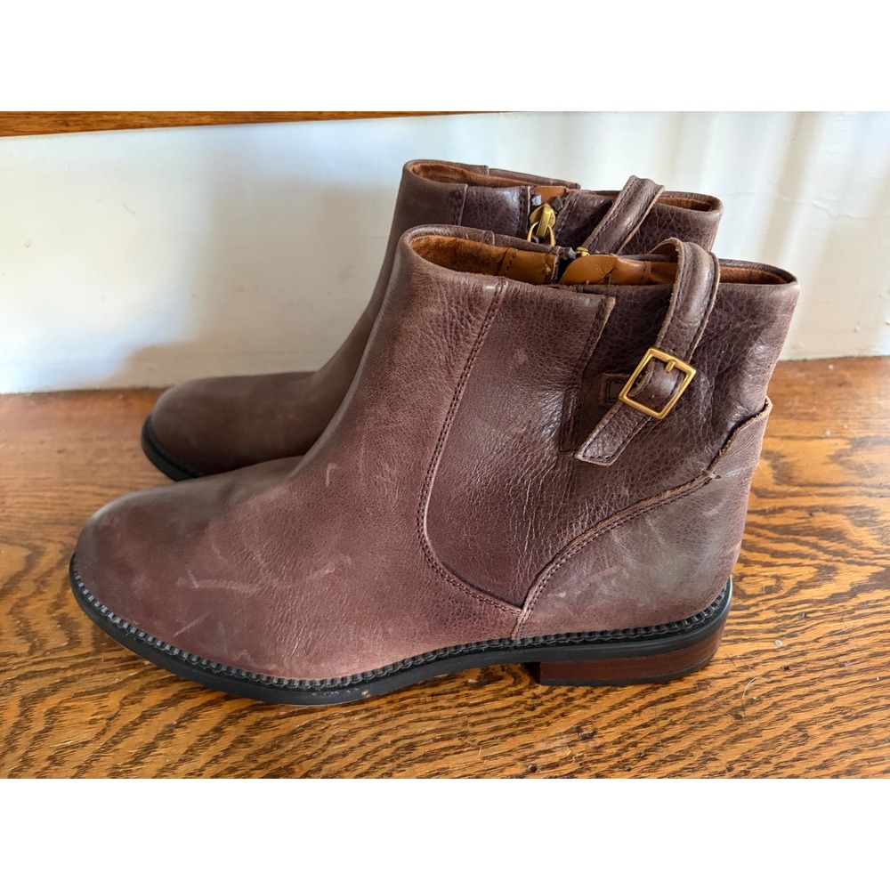 Franco Sarto Brown Leather Ankle Boots Buckle Strap Side Zip Low Heel Size 11M